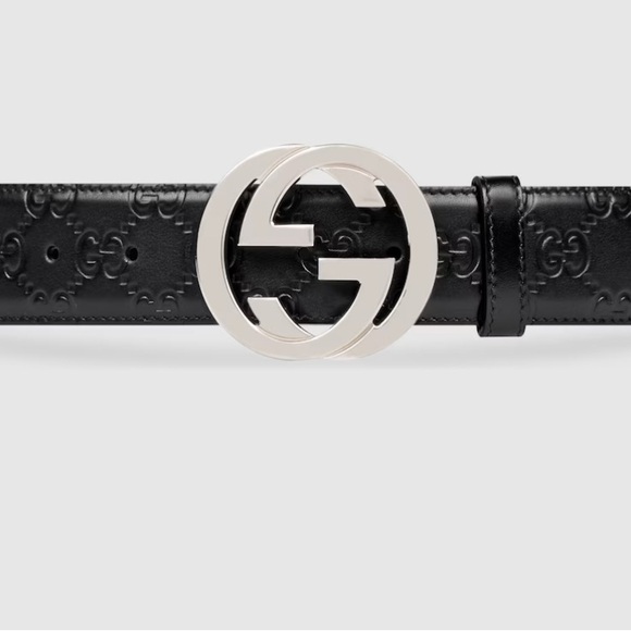 Gucci Embossed Black Leather Belt with Silver Emblem - Picture 1 of 8